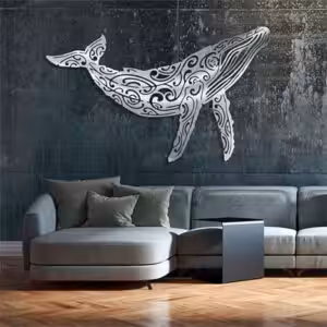 Une sculpture murale élégante de baleine évoque l'évasion sous-marine, parfaite pour les passionnés de plongée.