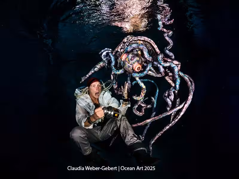 Un plongeur émerveillé interagit avec un poulpe coloré dans les profondeurs marines.