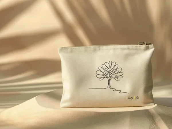 pochette-pochi-deuil Pochette Pochi Deuil avec un tracé représentant un arbre de vie, logo Pochi Kibo en bas à droite, posée sur un dôme de sable avec fond beige assorti et ombres végétales, ambiance naturelle et douce.