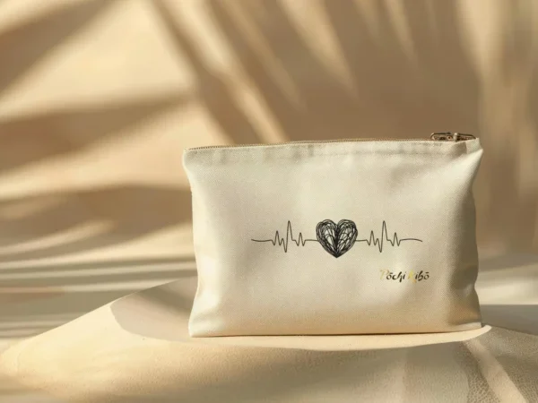 pochette-pochi-emotions Pochette Pochi Émotions avec un tracé débutant par une ligne de fréquence cardiaque, formant un cœur noir au milieu, et reprenant la fréquence cardiaque à la fin, logo Pochi Kibo en bas à droite, posée sur un dôme de sable avec fond beige assorti et ombres végétales, ambiance naturelle et douce.