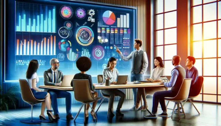Een afbeelding die een doelgroep analyse voorstelt in een gedetailleerde kantooromgeving met een divers team van marketingprofessionals
