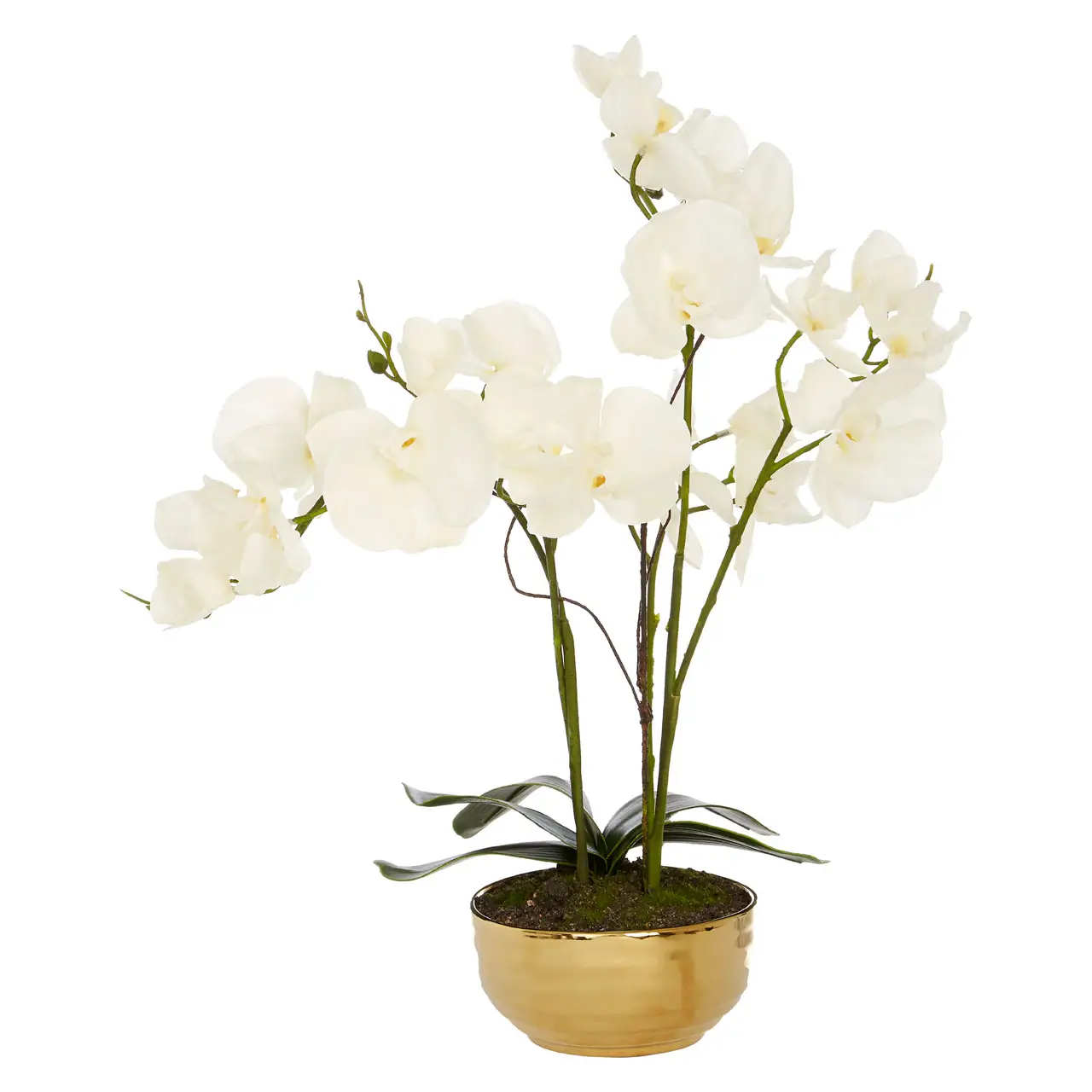 white orchid artificial plant shown in a gold pot