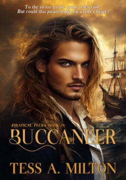 a pirate romance book cover in warm yellow and brown tones