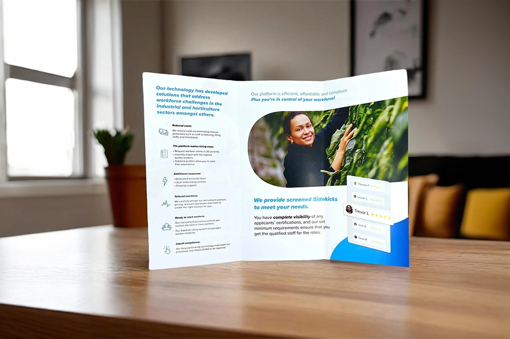 6pp DL brochure in roll fold and matt coated stock