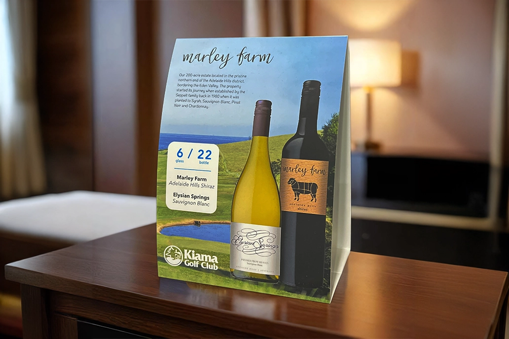 A5 table tent card with soft touch velvet lamination on both sides