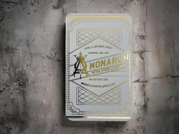 4 round corner business card in traditional portrait size with gold foiling and soft touch velvet lamination