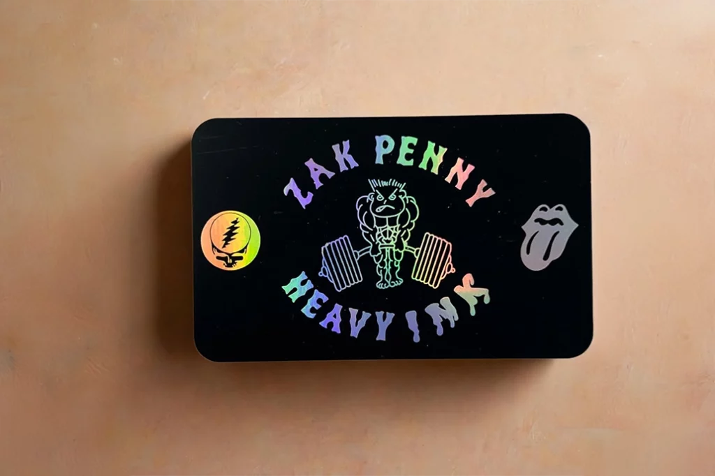 Business-Cards_4RC_90x55_F-I_ZakPennyInk 4 round corner black business card with holographic foiling