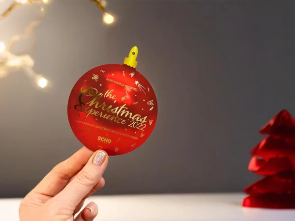 Specialty shaped circle marketing card with gold foiling