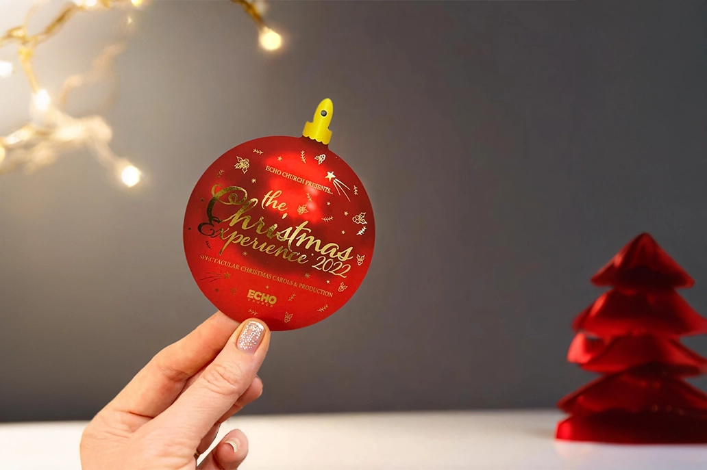 Specialty shaped circle marketing card with gold foiling