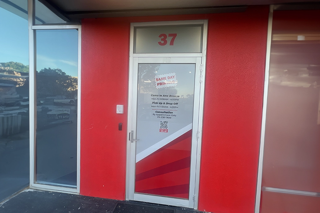 Frosted window sticker above the one way vision sticker