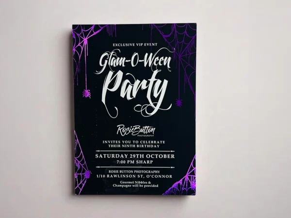 Straight cut marketing card in purple foil