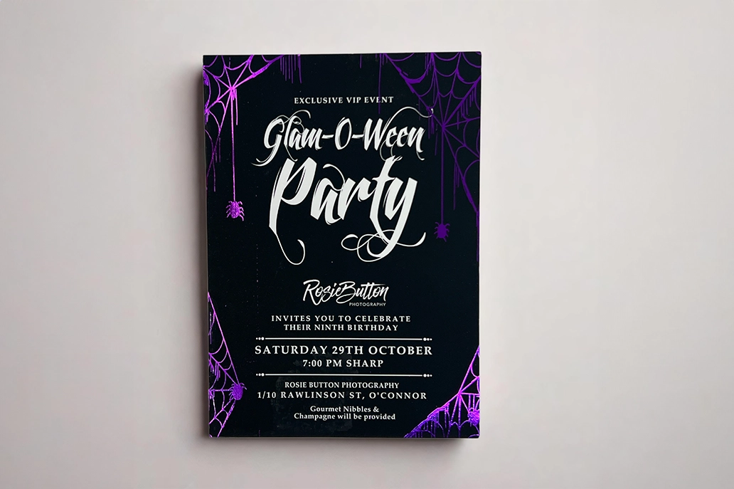 Straight cut marketing card in purple foil