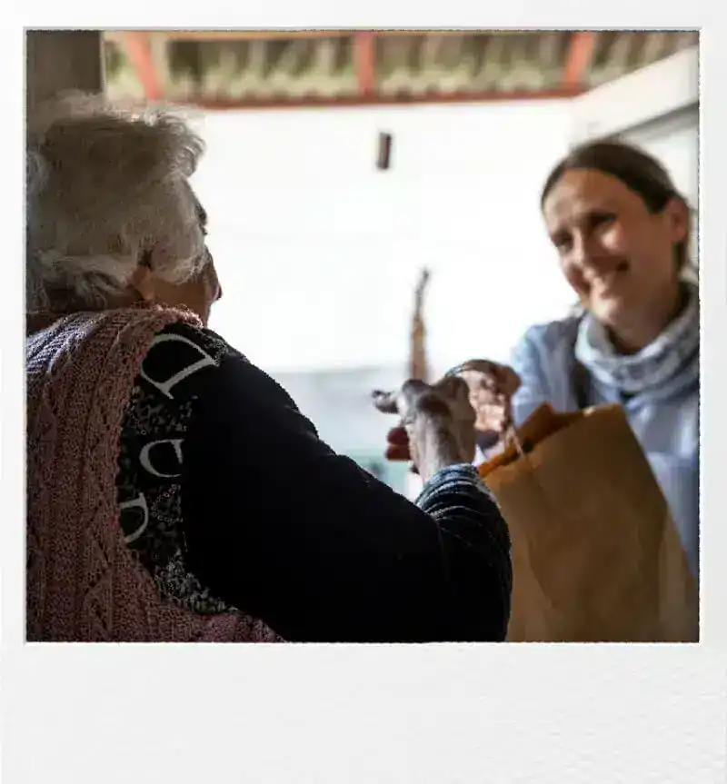 Elderly woman receiving grocery delivery from a smiling young woman.