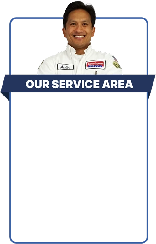 A friendly Service Champions expert in a white jacket stands ready to provide trusted home comfort service to local customers.
