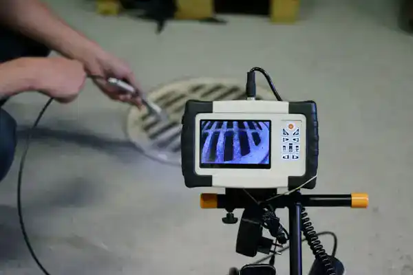 A Service Champions expert uses an inspection camera to ensure your drain is clear, showing the grate’s interior on a monitor.