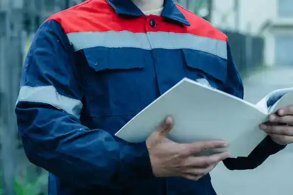 A friendly technician in a blue and red uniform reviews documents outdoors, ready to deliver expert home comfort service.