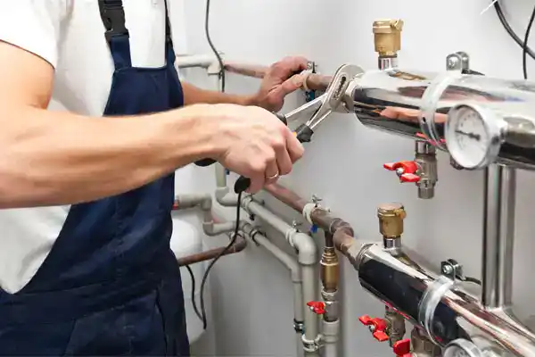 A friendly technician in work overalls skillfully adjusts metal pipes, ensuring reliable home comfort for Southern California families.