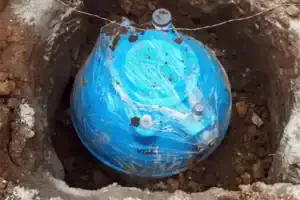 A blue plastic septic tank is securely installed in the ground, showcasing our expert care for your home’s plumbing needs.