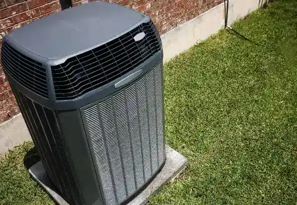 A reliable gray outdoor AC unit rests by a brick wall amid green grass, offering trusted home comfort to Southern California families.