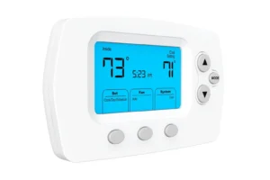 A digital thermostat shows 79°F indoors, cooling set to 71°F at 5:23 PM—comfort made simple by your trusted local HVAC experts.