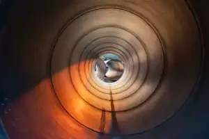 A warm view inside a large pipe, light and shadow circling—just the care you'd expect from your local Service Champions experts.