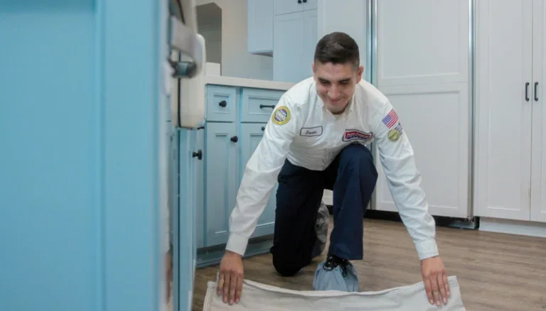 A friendly Service Champions technician in uniform lays a protective mat in a Brea, CA kitchen, ready to provide expert plumbing care.