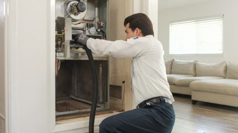 A friendly Service Champions technician carefully vacuums a wall-mounted furnace in a Brea home, ensuring reliable comfort.