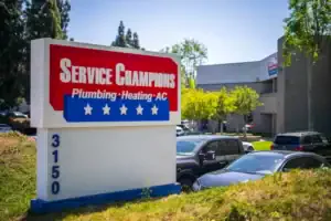 Warm, inviting sign for Service Champions in Brea, CA—trusted local experts in HVAC, plumbing & air duct sealing; address 3150 shown.