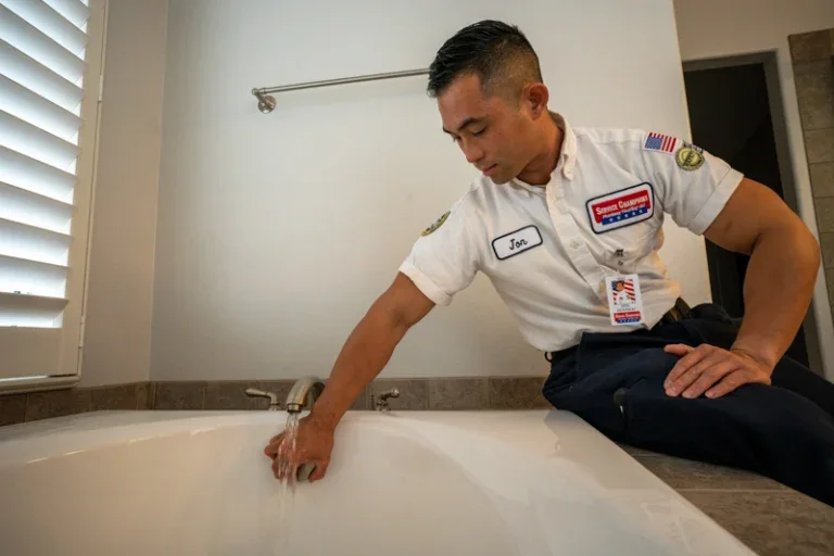 A friendly Service Champions plumber inspects a bathtub faucet, ensuring safe, dependable plumbing in a bright Brea, CA bathroom.