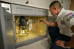 A friendly, uniformed plumber carefully checks pipes under a Brea, CA sink, providing trusted rooter service for your comfort.
