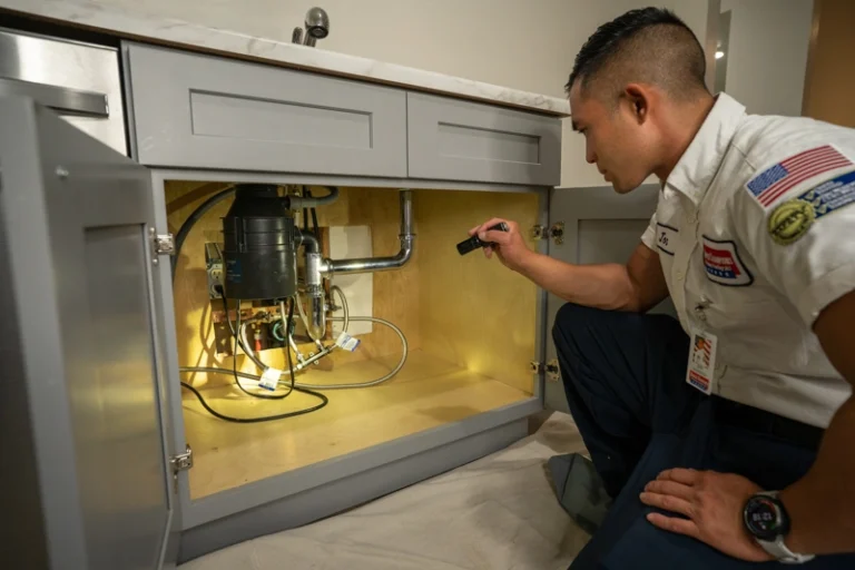 A friendly, uniformed plumber carefully checks pipes under a Brea, CA sink, providing trusted rooter service for your comfort.