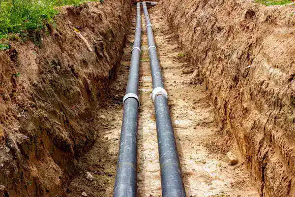 In Brea, CA, two sturdy black pipes are expertly laid in a trench—showcasing trusted local plumbing and drain service.