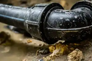 A black pipe with a 90-degree elbow, set in wet soil and rocks—reflecting our trusted local plumbing care in Brea, CA.