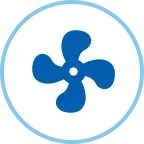 A blue four-blade fan icon, symbolizing reliable home comfort, is centered on white with a caring blue circular border.