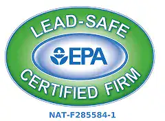 Green and blue oval badge with EPA logo, “Lead-Safe Certified Firm,” and Service Champions’ certification number "NAT-F285584-1".