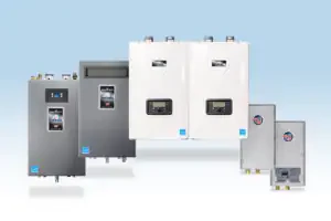 Five sleek Bradford White tankless water heaters, showcased on blue, reflect Service Champions' trusted home comfort expertise.