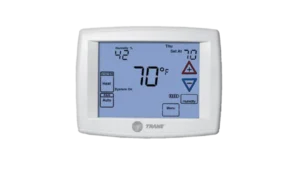 A blue-lit digital thermostat showing 70°F, 42% humidity, and easy controls—ensuring reliable comfort for your Southern California home.