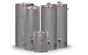 A lineup of four gray Rheem water heaters, offering dependable solutions for home comfort from your trusted Southern California experts.