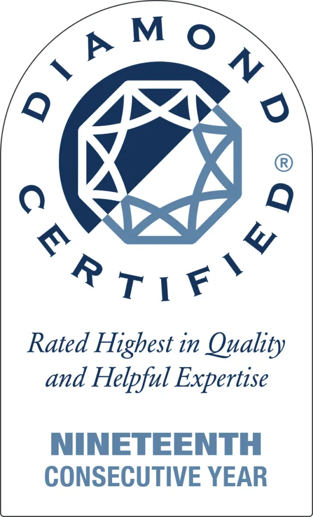 Diamond Certified badge: "Rated Highest in Quality and Helpful Expertise," “Nineteenth Consecutive Year,” diamond icon centered.