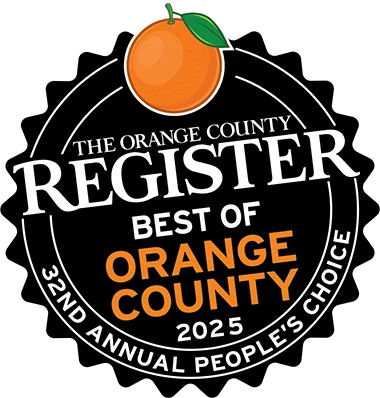 Circular badge with an orange graphic honors Service Champions: Voted Best of Orange County 2025, trusted local home comfort experts.