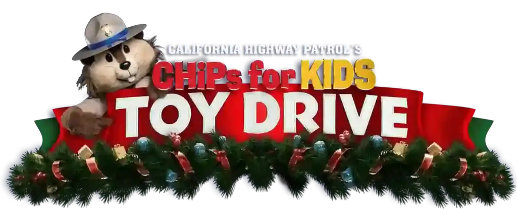 Banner featuring the California Highway Patrol mascot and "CHiPs for Kids Toy Drive," adorned with festive garland, reflecting Service Champions’ trusted commitment to serving Southern California's families during the holidays.