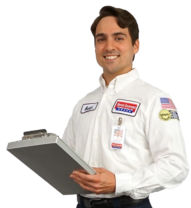 A friendly Service Champions technician in a logoed white shirt confidently holds a clipboard, ready to help local homeowners.