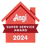 Red home-shaped badge displays "Angi Super Service Award 2024"—recognizing trusted, helpful local experts in home comfort.