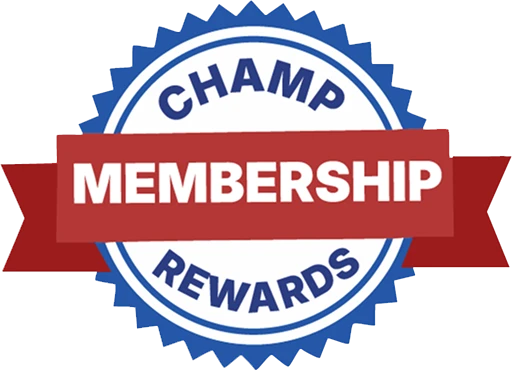 A welcoming blue and white badge with a red ribbon displays "CHAMP MEMBERSHIP REWARDS," highlighting trusted local service expertise.