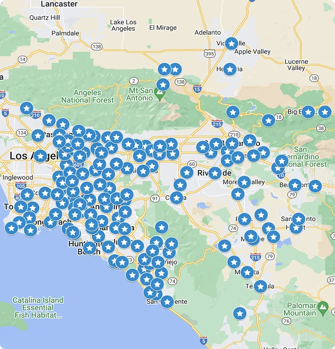 A map of SoCal with blue stars highlighting where Service Champions proudly serve, offering trusted home comfort throughout the region.