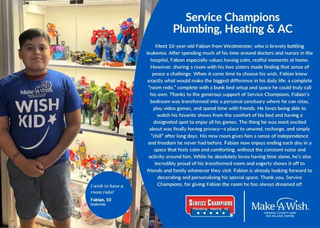 A smiling boy in a "Make-A-Wish Kid" shirt stands by a poster about his leukemia journey and Service Champions’ caring support.