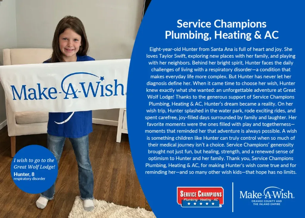 A joyful young girl holds a "Make-A-Wish" banner, thanking Service Champions—your trusted local home comfort experts—for her wish.