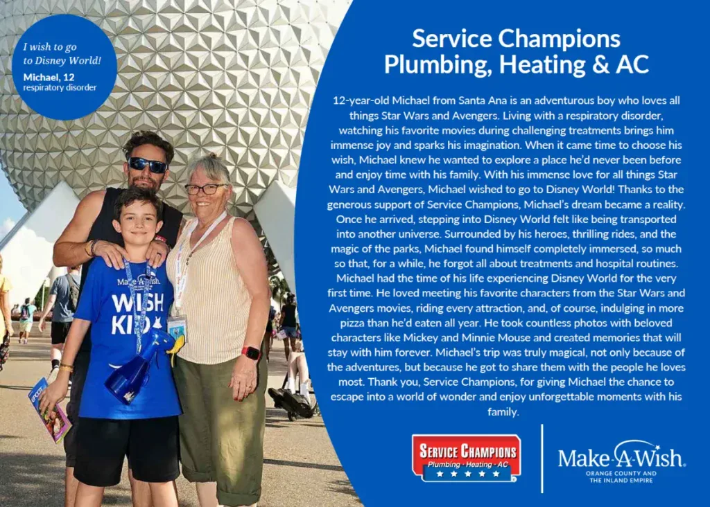 A young Wish Kid stands proudly with caring adults before Epcot, framed by a Make-A-Wish and Service Champions banner.