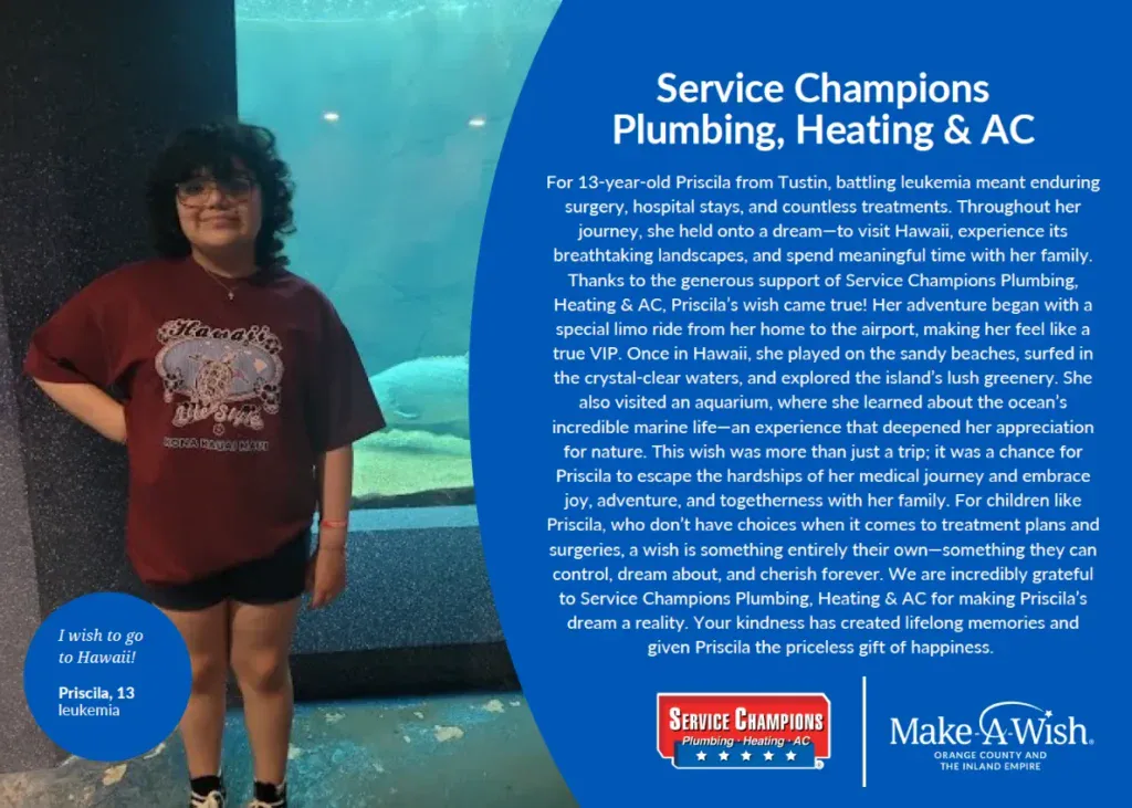 A smiling girl with curly hair stands by a dolphin statue, her wish granted with Service Champions’ caring, local support.