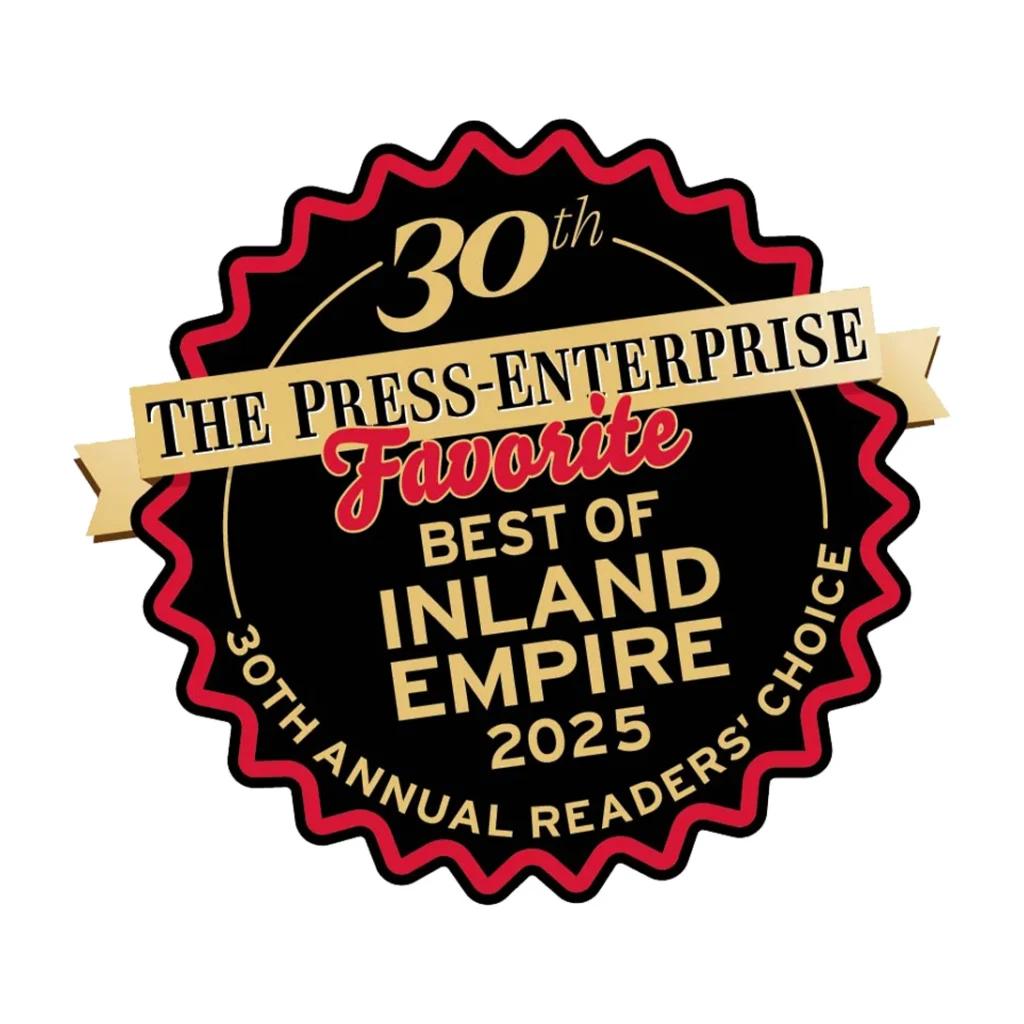 A black and gold emblem honors Service Champions as the 30th Annual Readers’ Choice for trusted home comfort in Inland Empire 2025.